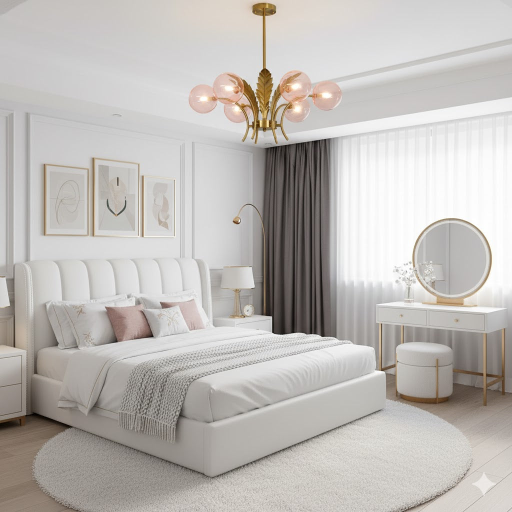Sphere Ceiling Light Simplicity White/Pink/Cognac Glass 6-Bulb Drawing Room LED Hanging Chandelier with Leaf Decor