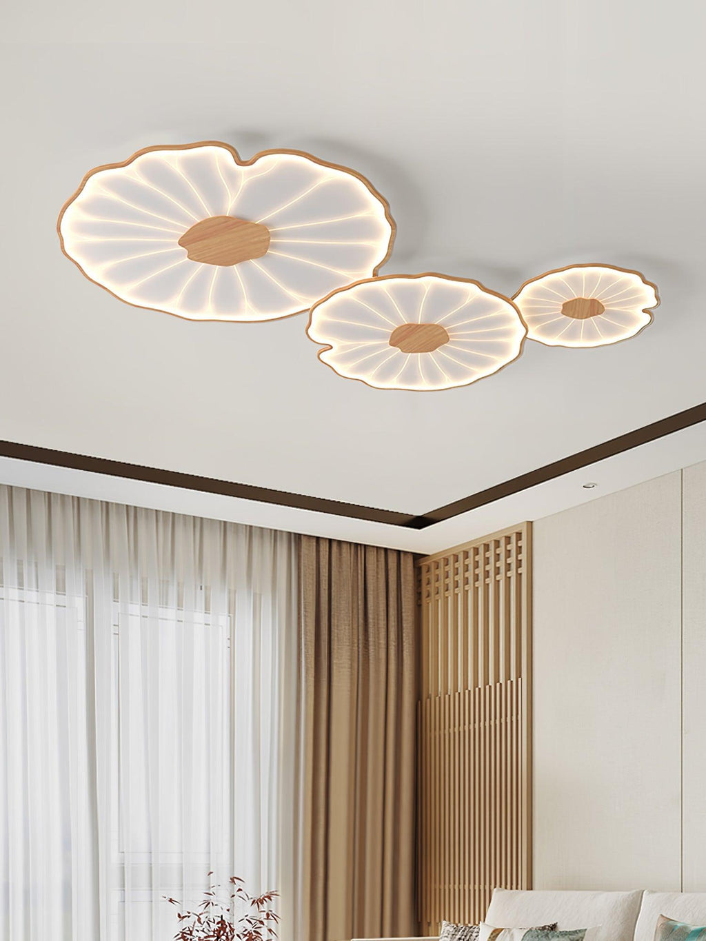 Solara Lotus Leaf Ceiling Light with Wood Finish