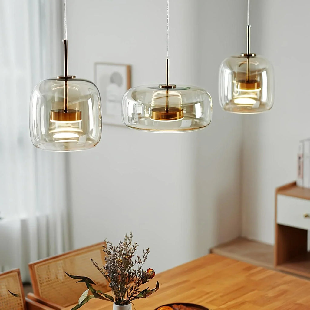 June Modern Cylinder Pendant Light. Clear/Smoky Gray/Amber