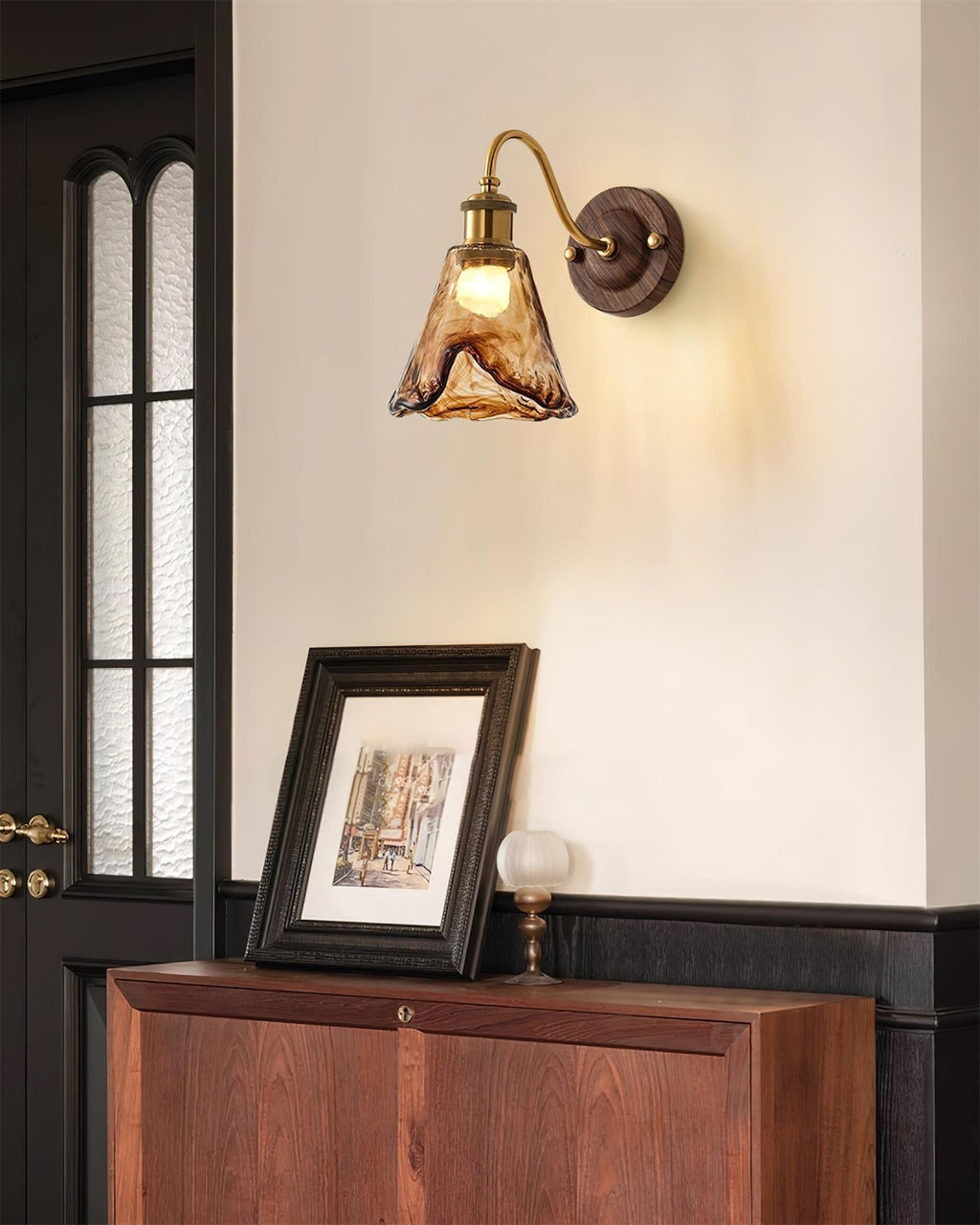 Wall Lamp Amber Glass Shade Walnut Gold Vintage Modern Sconce