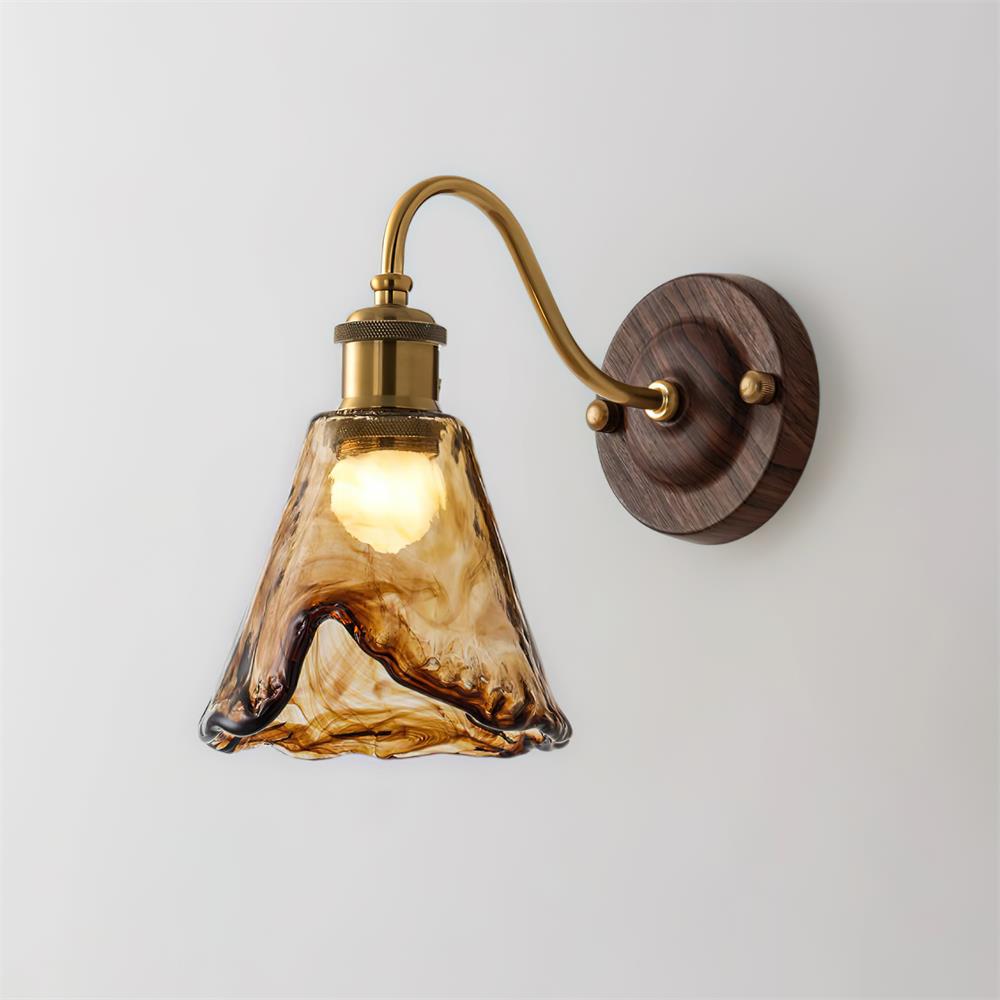 Wall Lamp Amber Glass Shade Walnut Gold Vintage Modern Sconce