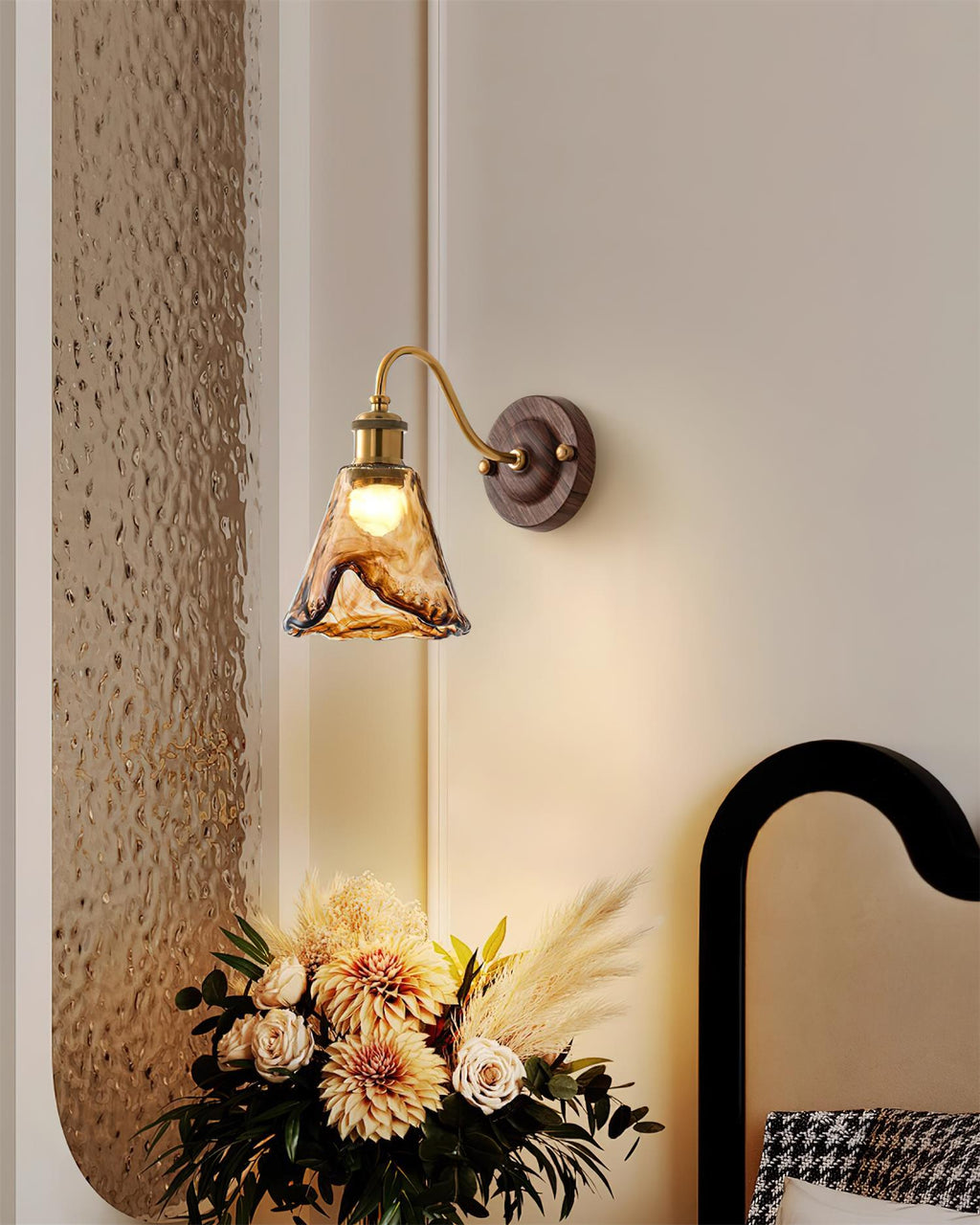 Wall Lamp Amber Glass Shade Walnut Gold Vintage Modern Sconce