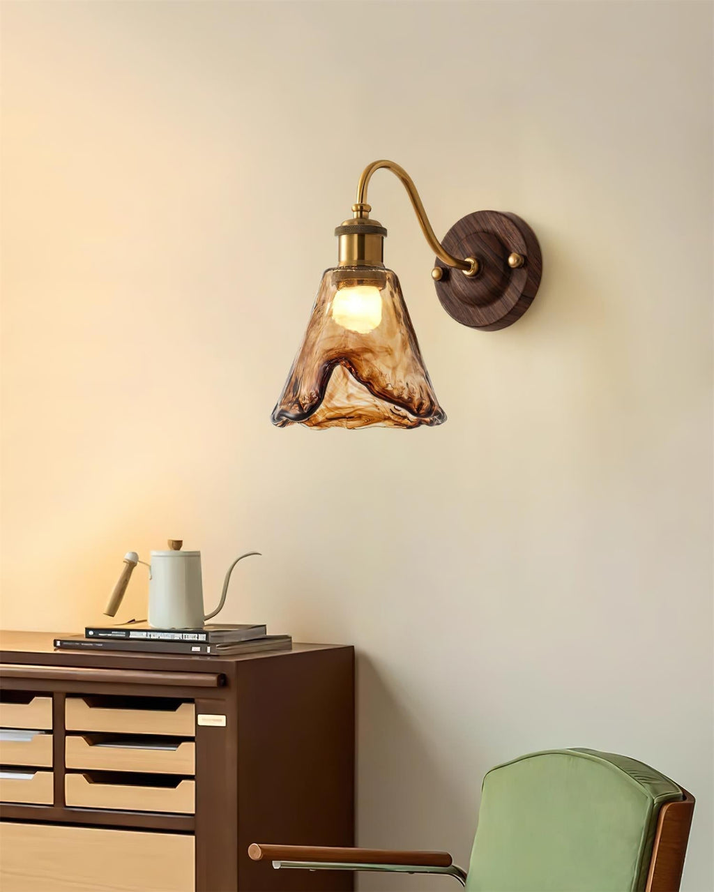 Wall Lamp Amber Glass Shade Walnut Gold Vintage Modern Sconce