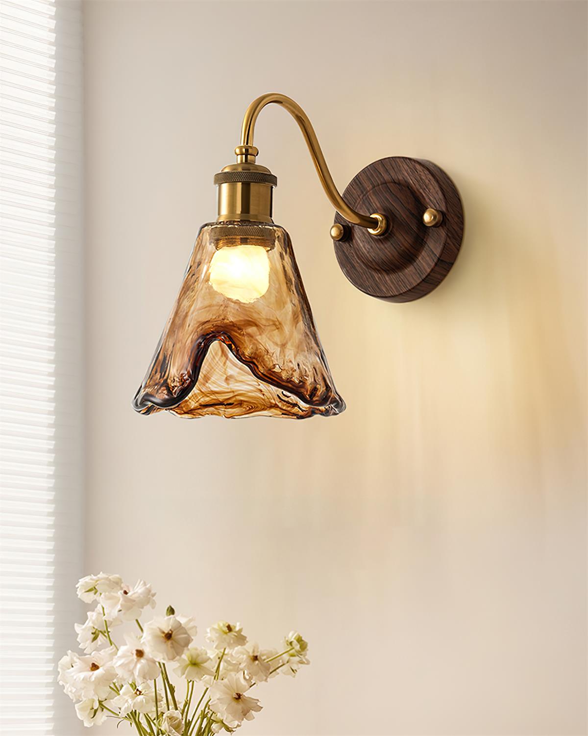 Wall Lamp Amber Glass Shade Walnut Gold Vintage Modern Sconce