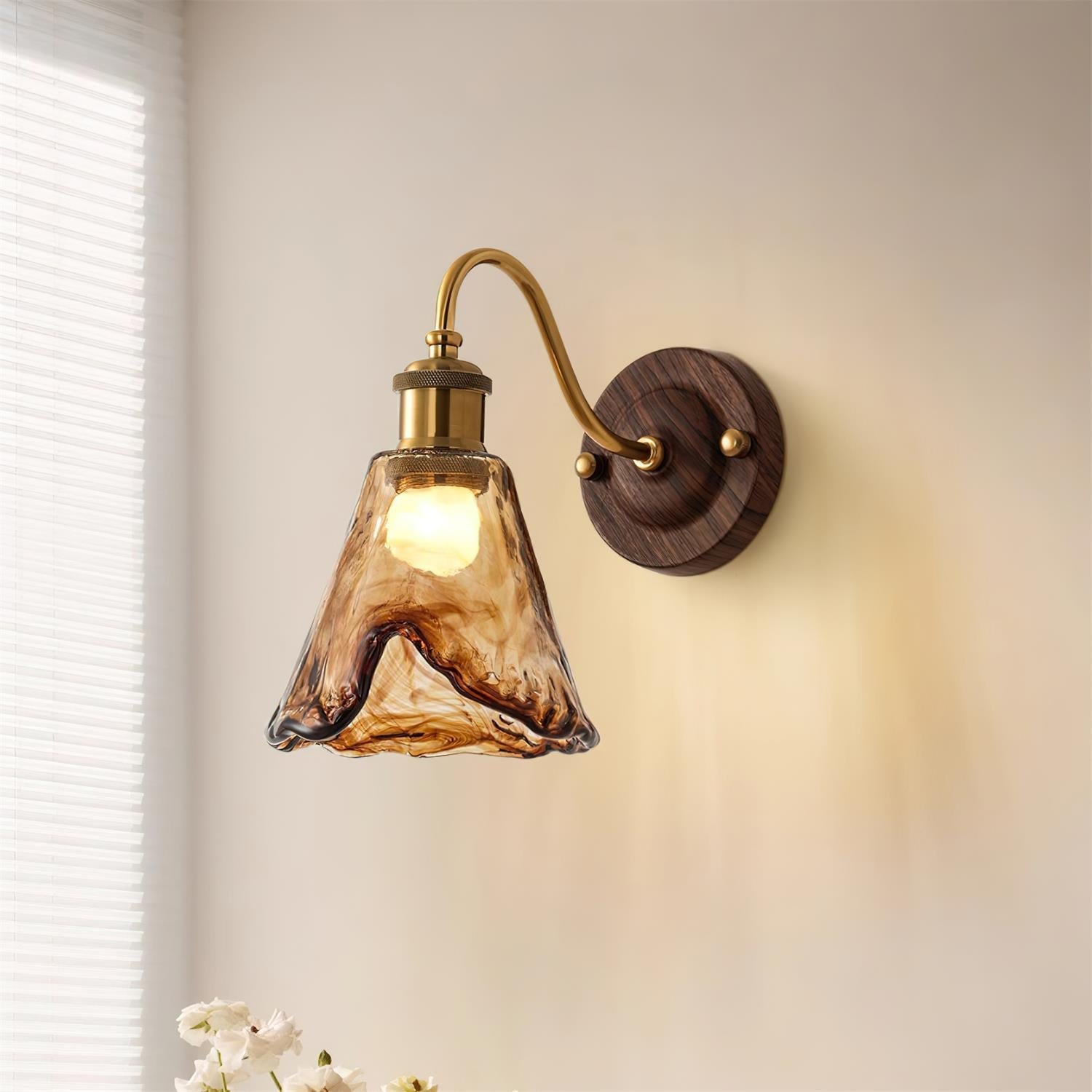 Wall Lamp Amber Glass Shade Walnut Gold Vintage Modern Sconce