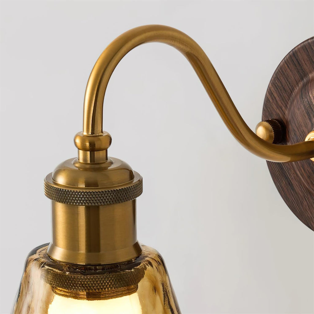 Wall Lamp Amber Glass Shade Walnut Gold Vintage Modern Sconce
