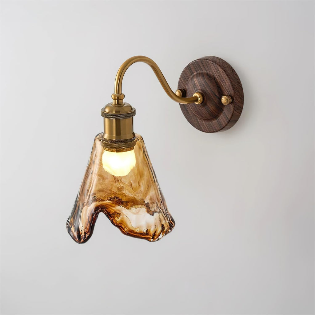 Wall Lamp Amber Glass Shade Walnut Gold Vintage Modern Sconce
