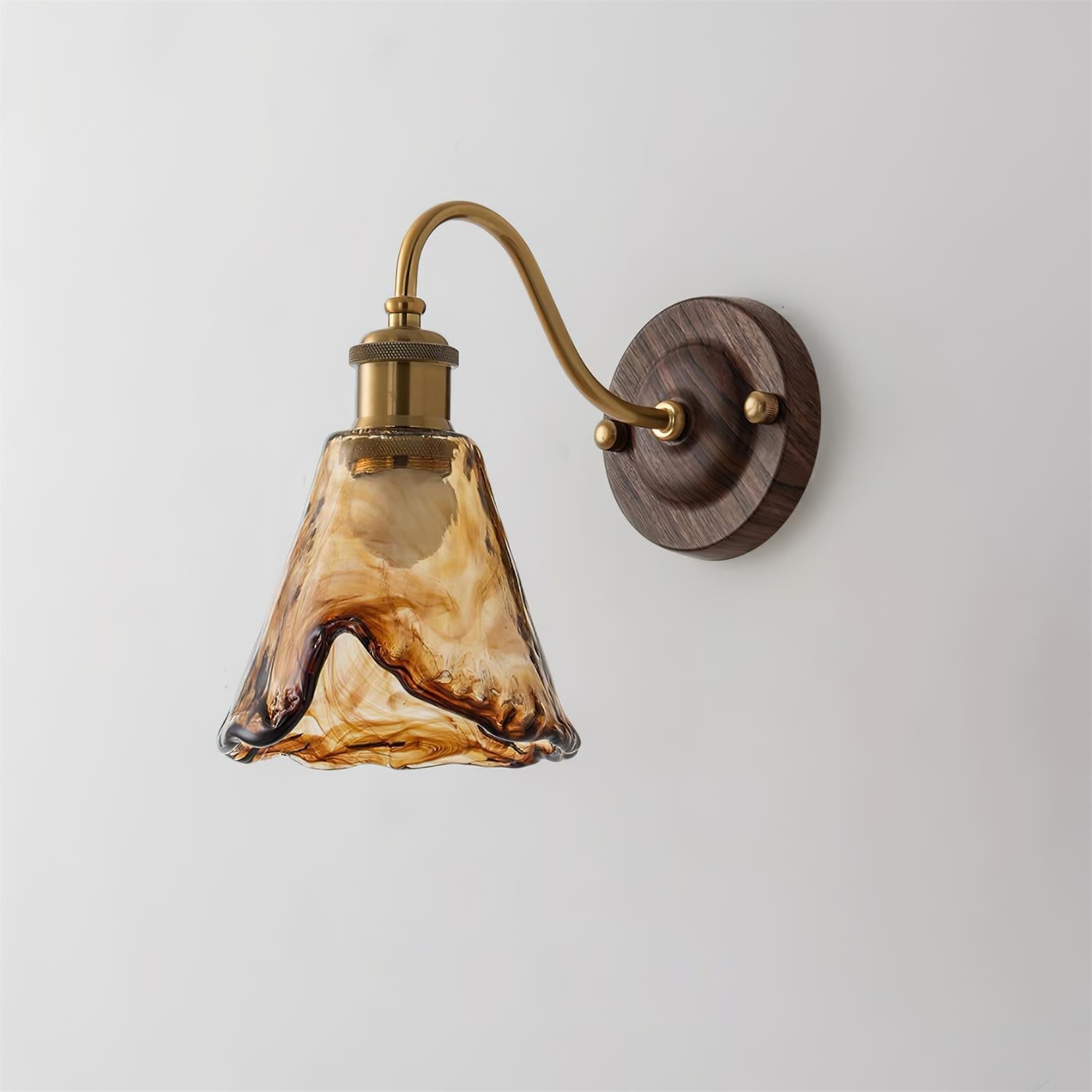 Wall Lamp Amber Glass Shade Walnut Gold Vintage Modern Sconce