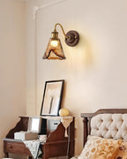 Wall Lamp Amber Glass Shade Walnut Gold Vintage Modern Sconce