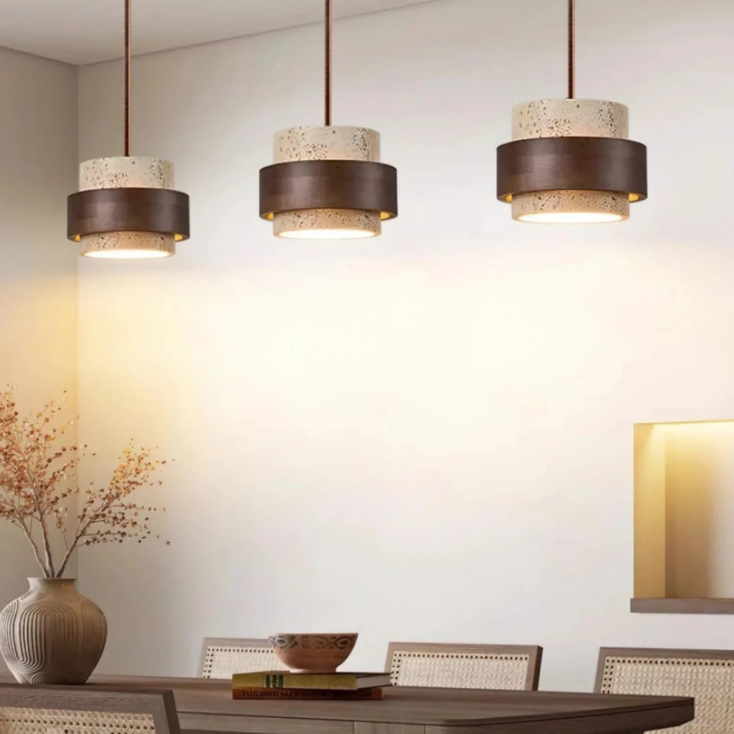 Orvina Travertine Cylinder Pendant - Japandi Stone Kitchen Island