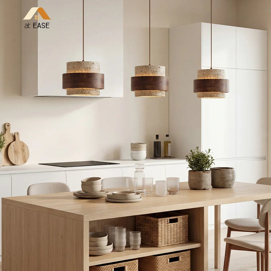 Orvina Travertine Cylinder Pendant - Japandi Stone Kitchen Island
