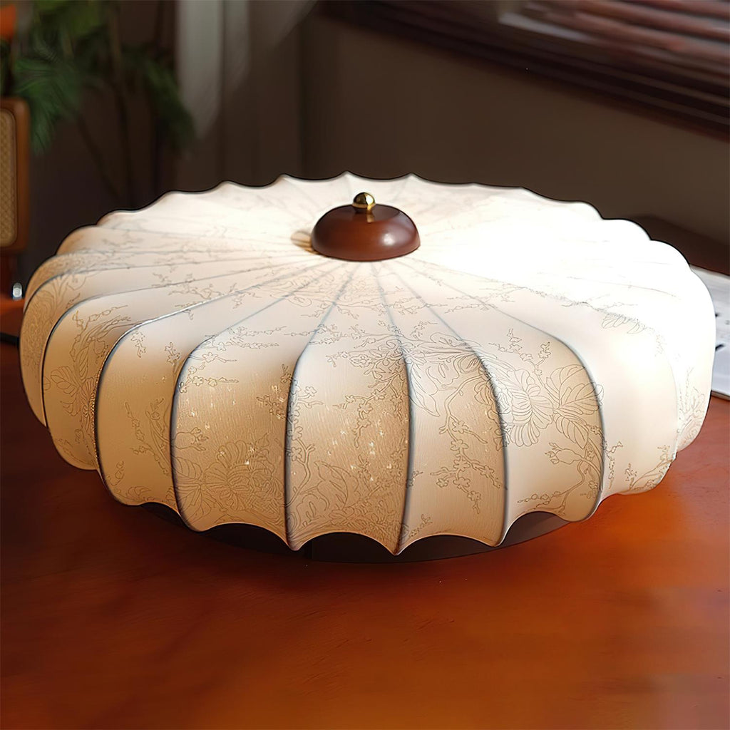 Fabric Ceiling Light Pleated Shade Lotus Wood Canopy