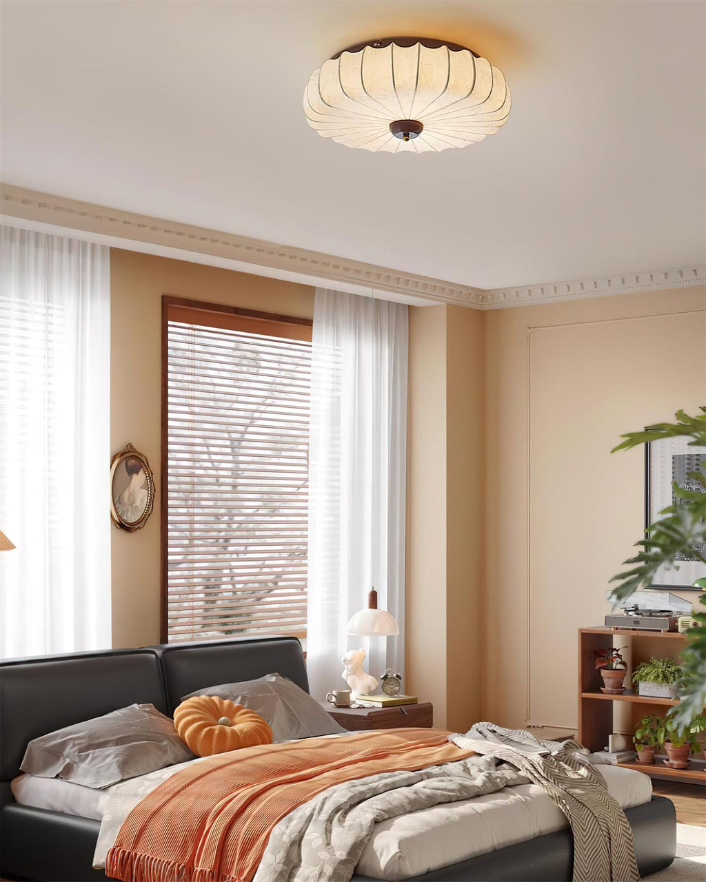Fabric Ceiling Light Pleated Shade Lotus Wood Canopy