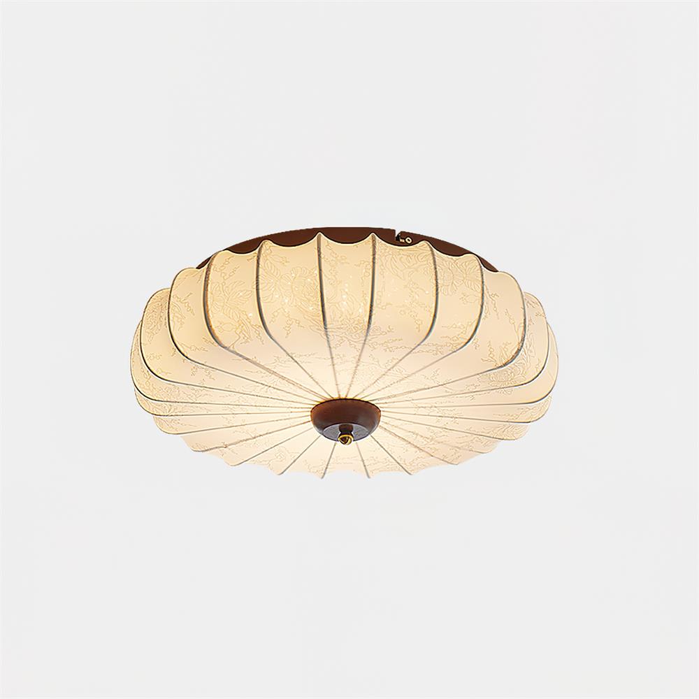 Fabric Ceiling Light Pleated Shade Lotus Wood Canopy