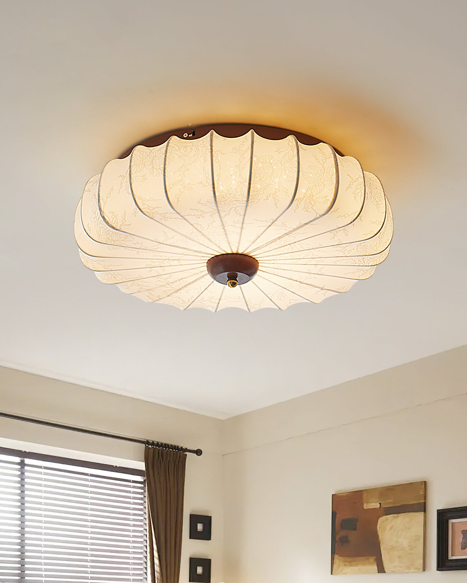 Fabric Ceiling Light Pleated Shade Lotus Wood Canopy