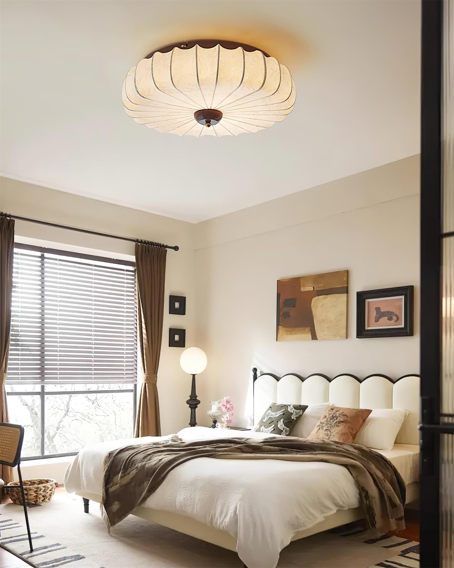 Fabric Ceiling Light Pleated Shade Lotus Wood Canopy