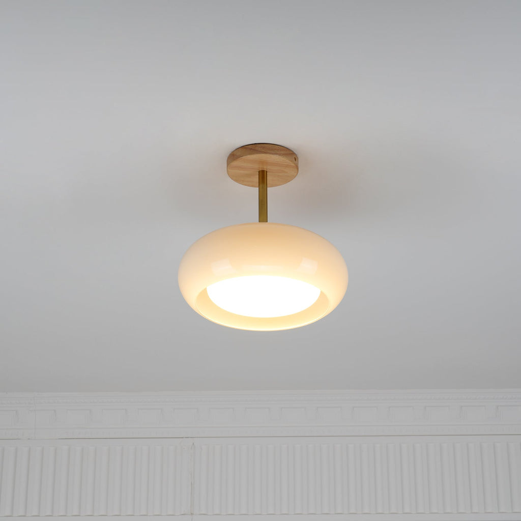 Nordic Wooden Dome Glass LED Semi-Flush Mount Ceiling Light 1-Light