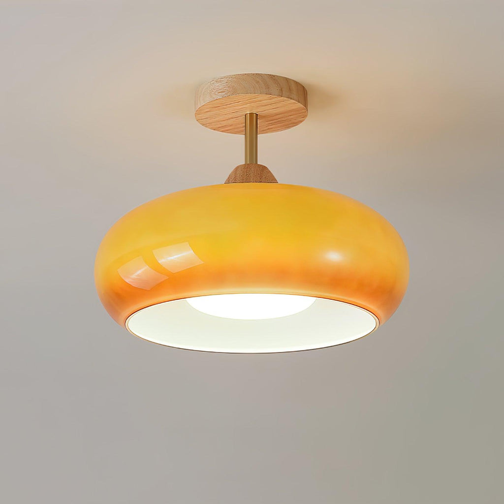 Nordic Wooden Dome Glass LED Semi-Flush Mount Ceiling Light 1-Light