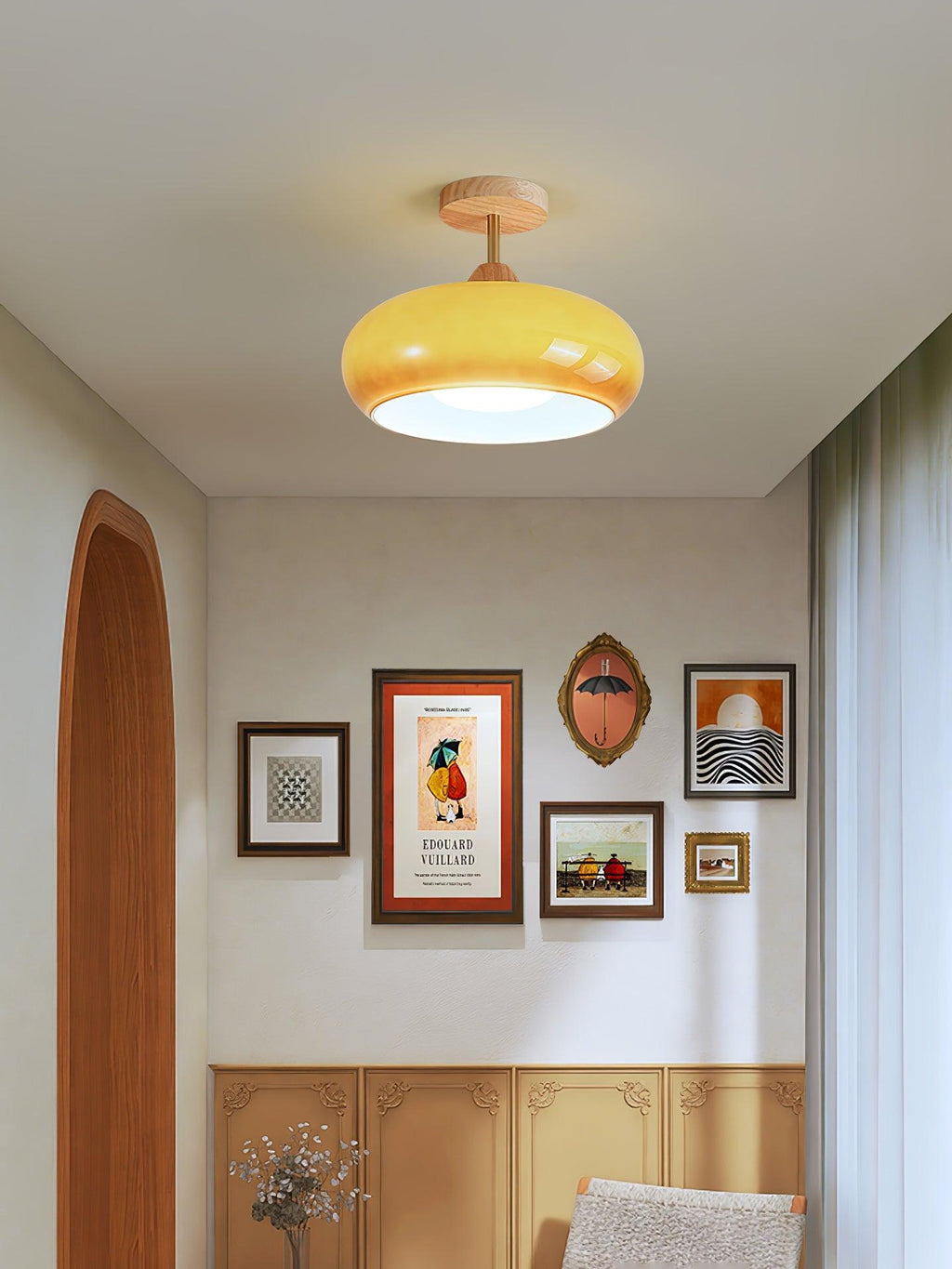 Nordic Wooden Dome Glass LED Semi-Flush Mount Ceiling Light 1-Light