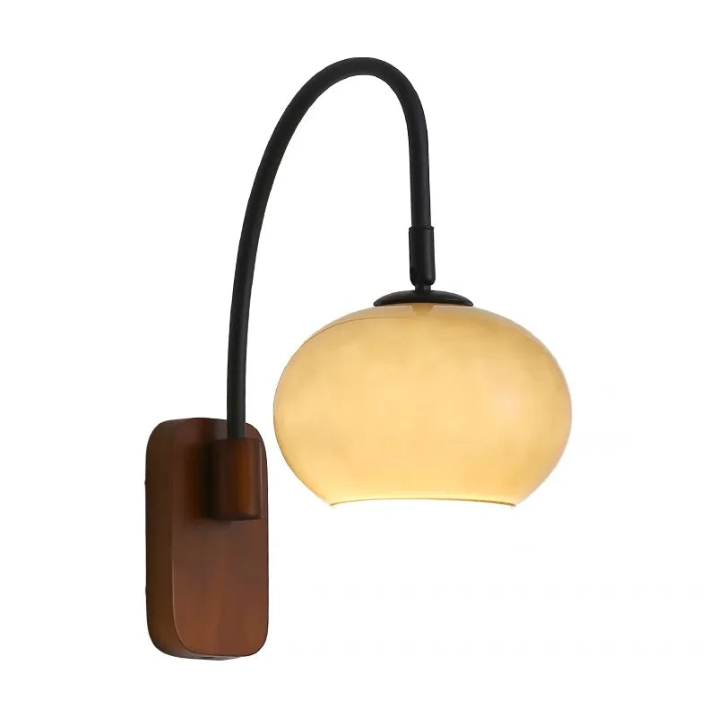 Modern Wall Sconce with Glass Shade and Wooden Base – Bedroom, Living Room, Reading Nook