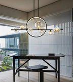 Modern ceiling lamp with spherical shades and a geometric LED ring