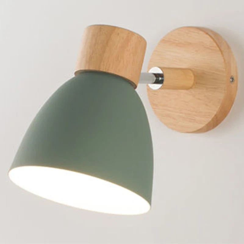 Modern wall lamp with a wooden base and metal shade