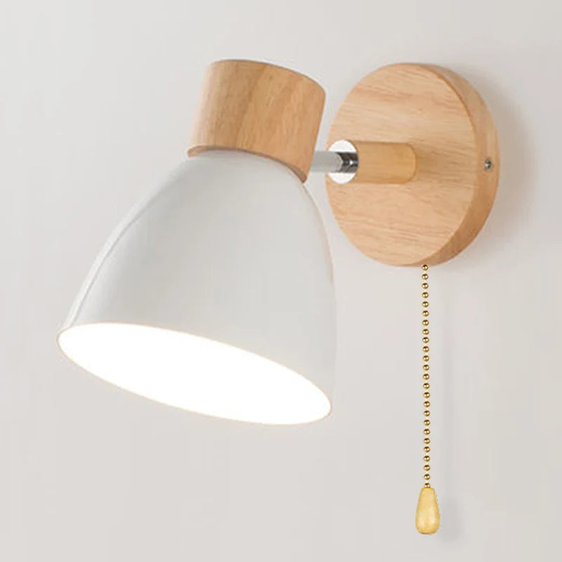 Modern wall lamp with a wooden base and metal shade