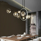 Modern ceiling lamp with spherical shades and a geometric LED ring