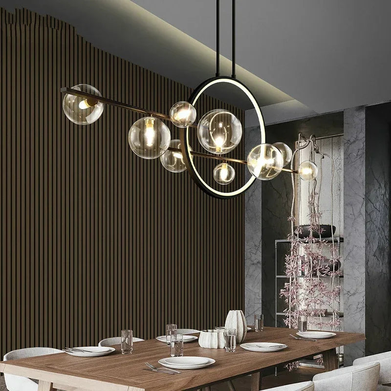 Modern ceiling lamp with spherical shades and a geometric LED ring