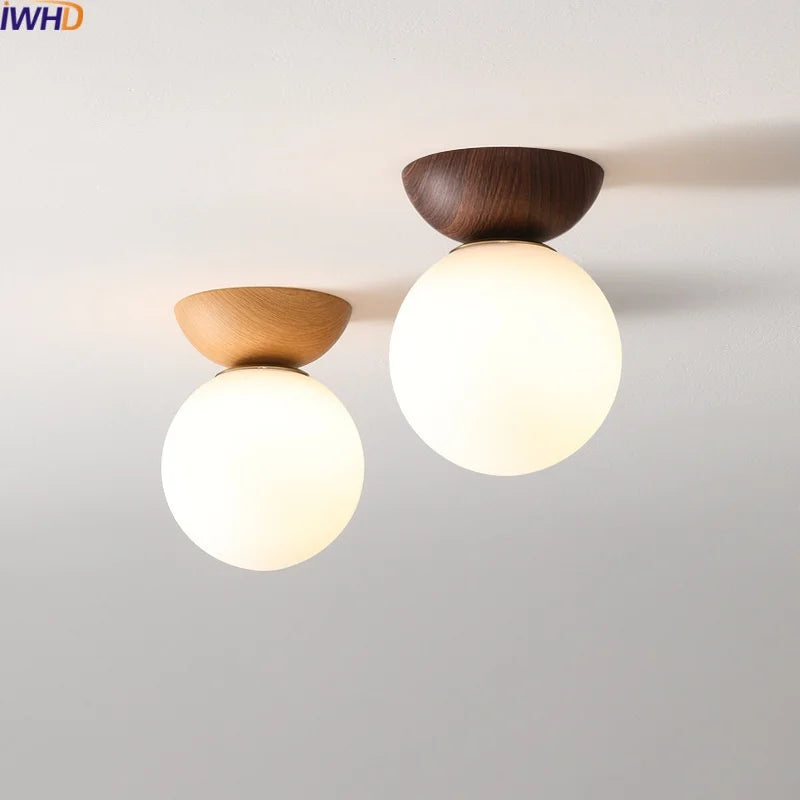 Modern ceiling lamp in Japanese style with a wooden base – minimalist sphere