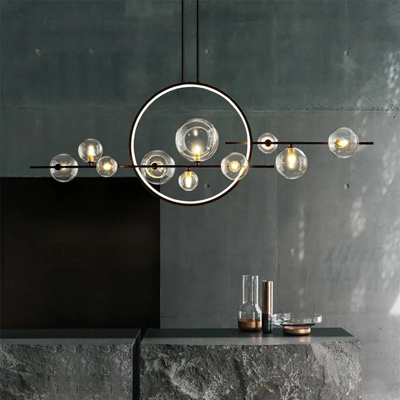 Modern ceiling lamp with spherical shades and a geometric LED ring