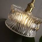 Vintage pendant lamp with ribbed glass shade and gold finish