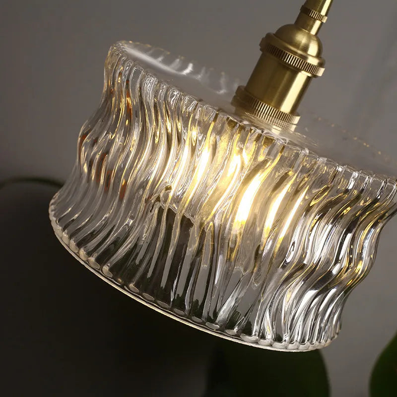 Vintage pendant lamp with ribbed glass shade and gold finish