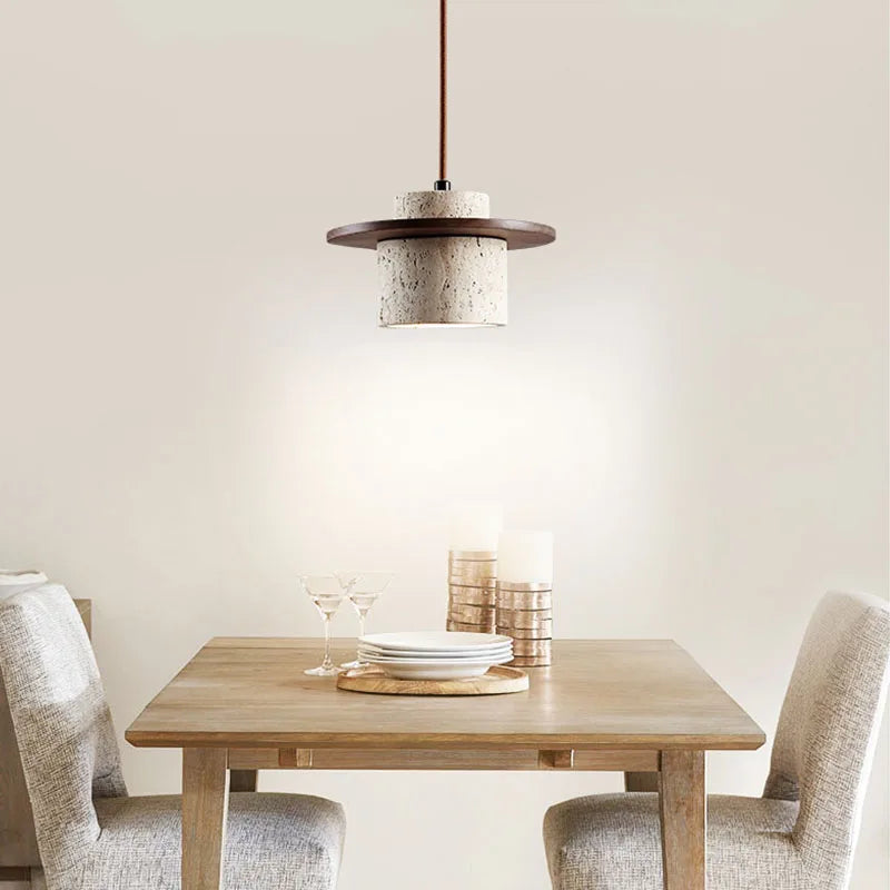 Modern Hanging Lamp Made of Stone and Wood