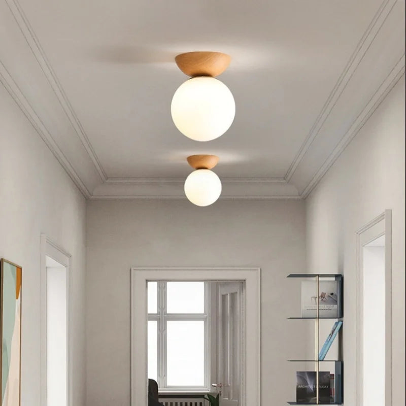 Modern ceiling lamp in Japanese style with a wooden base – minimalist sphere