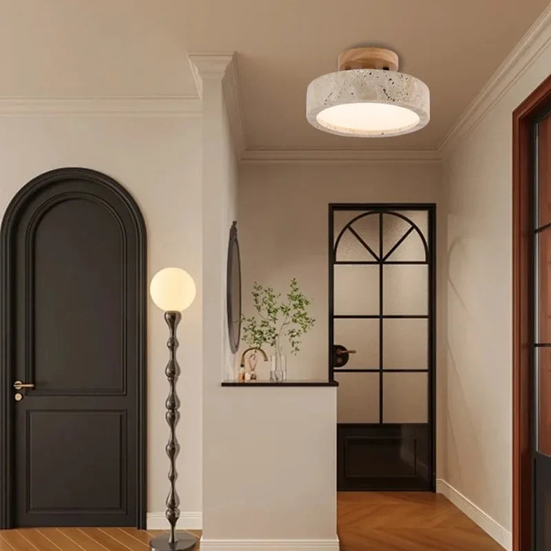 Ceiling lamp made of stone and wood in a minimalist style