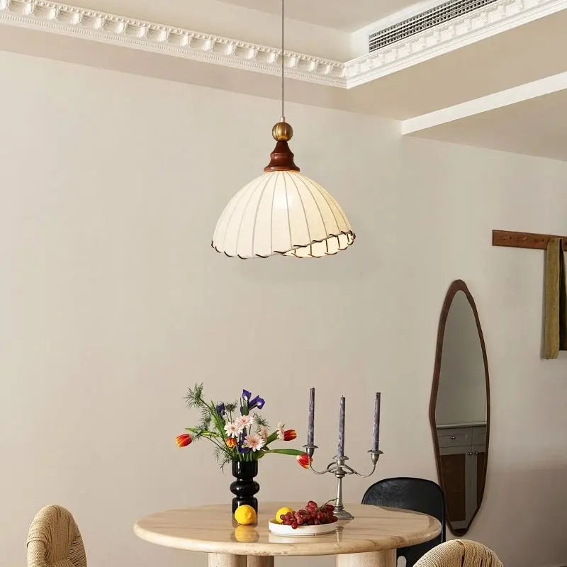 Retro Hanging Lamp with Silk Shade and Wooden Finish