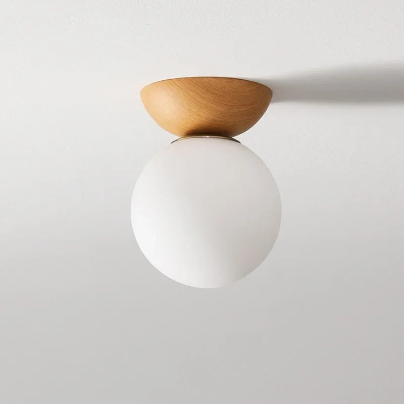 Modern ceiling lamp in Japanese style with a wooden base – minimalist sphere