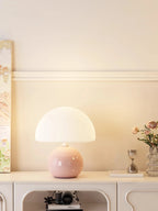 Modern table lamp with a spherical base and mushroom-shaped shade – minimalist style