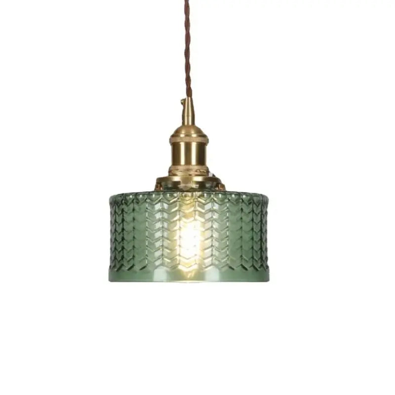 Vintage pendant lamp with ribbed glass shade and gold finish