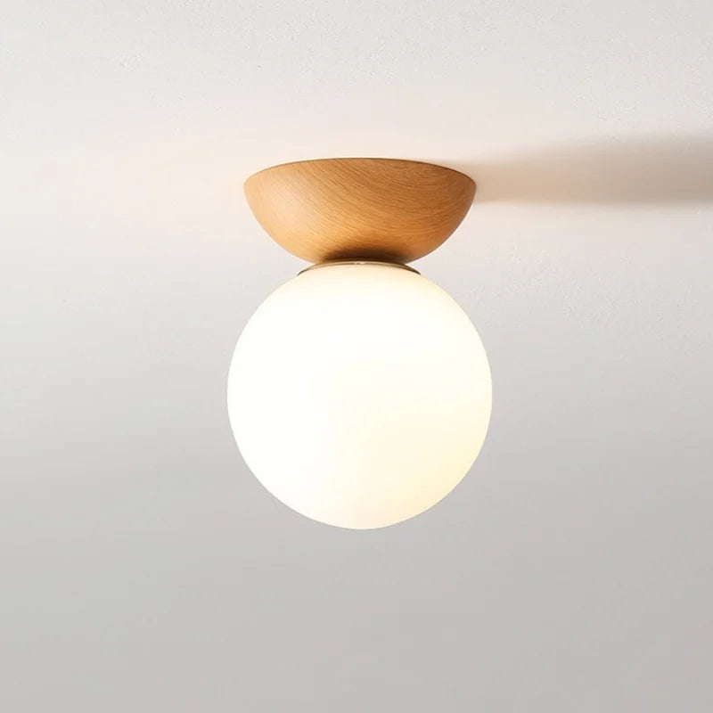 Modern ceiling lamp in Japanese style with a wooden base – minimalist sphere