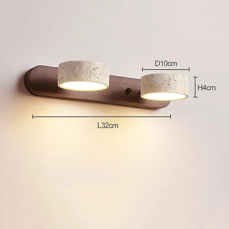 Modern LED wall lamp with rotating shades made of stone and a wooden base