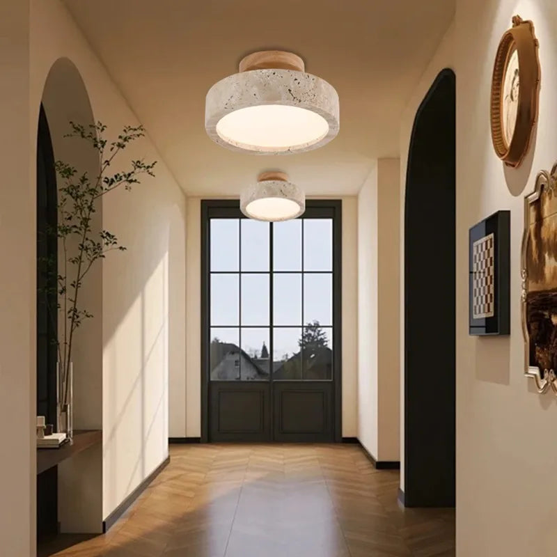 Ceiling lamp made of stone and wood in a minimalist style