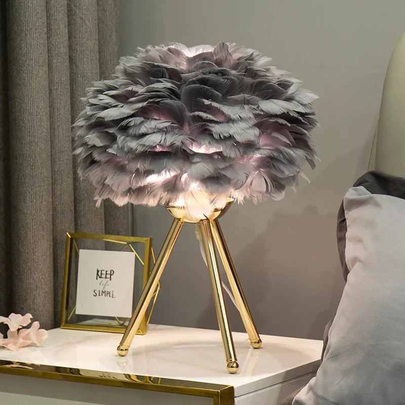 Exclusive Feather Table Lamp – Decorative Tripod Lamp, Gold Base
