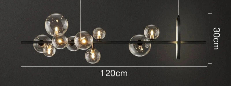 Modern Linear Chandelier – Glass Spheres and Light Ring on Black Frame