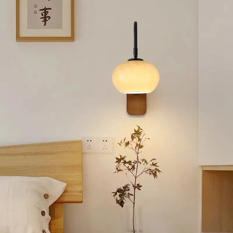 Modern Wall Sconce with Glass Shade and Wooden Base – Bedroom, Living Room, Reading Nook