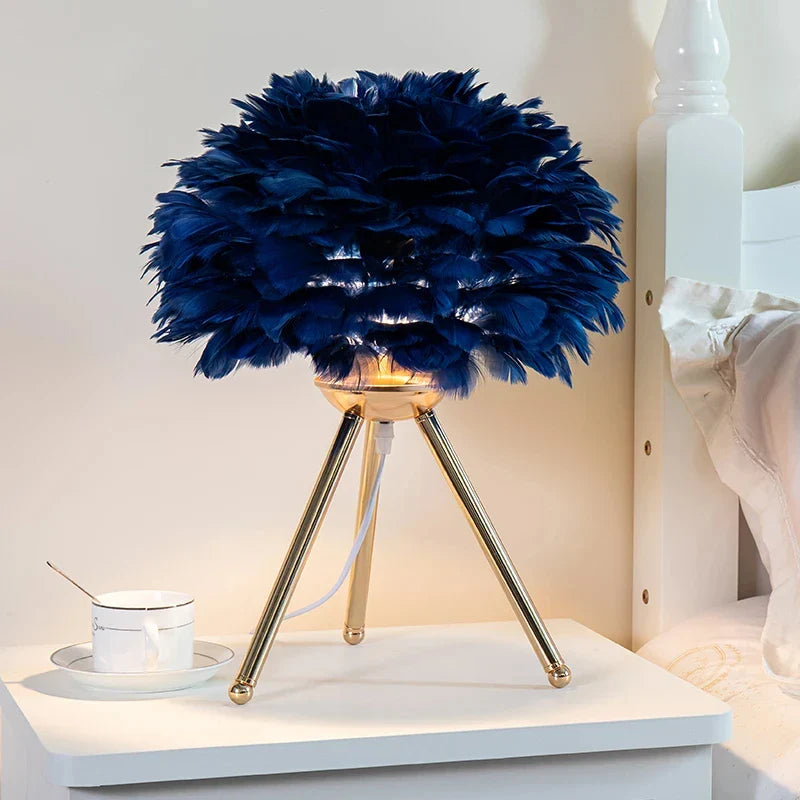 Exclusive Feather Table Lamp – Decorative Tripod Lamp, Gold Base