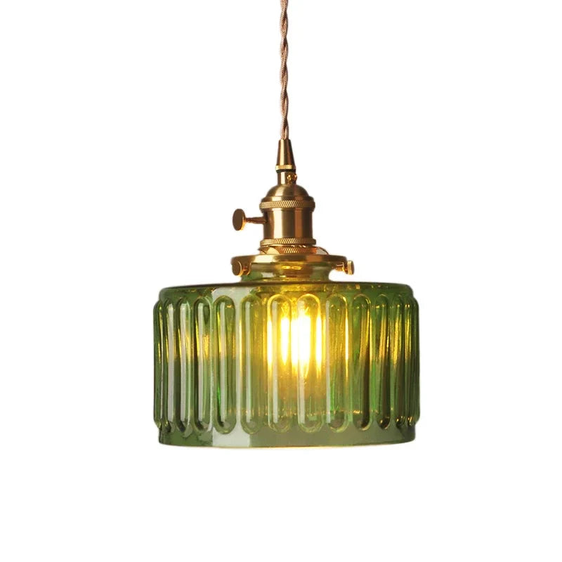 Vintage pendant lamp with ribbed glass shade and gold finish