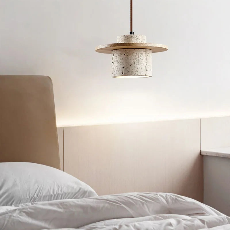 Modern Hanging Lamp Made of Stone and Wood