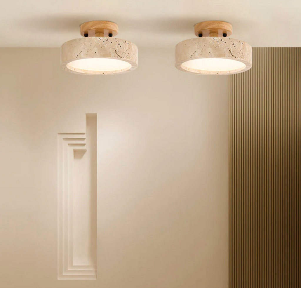 Ceiling lamp made of stone and wood in a minimalist style